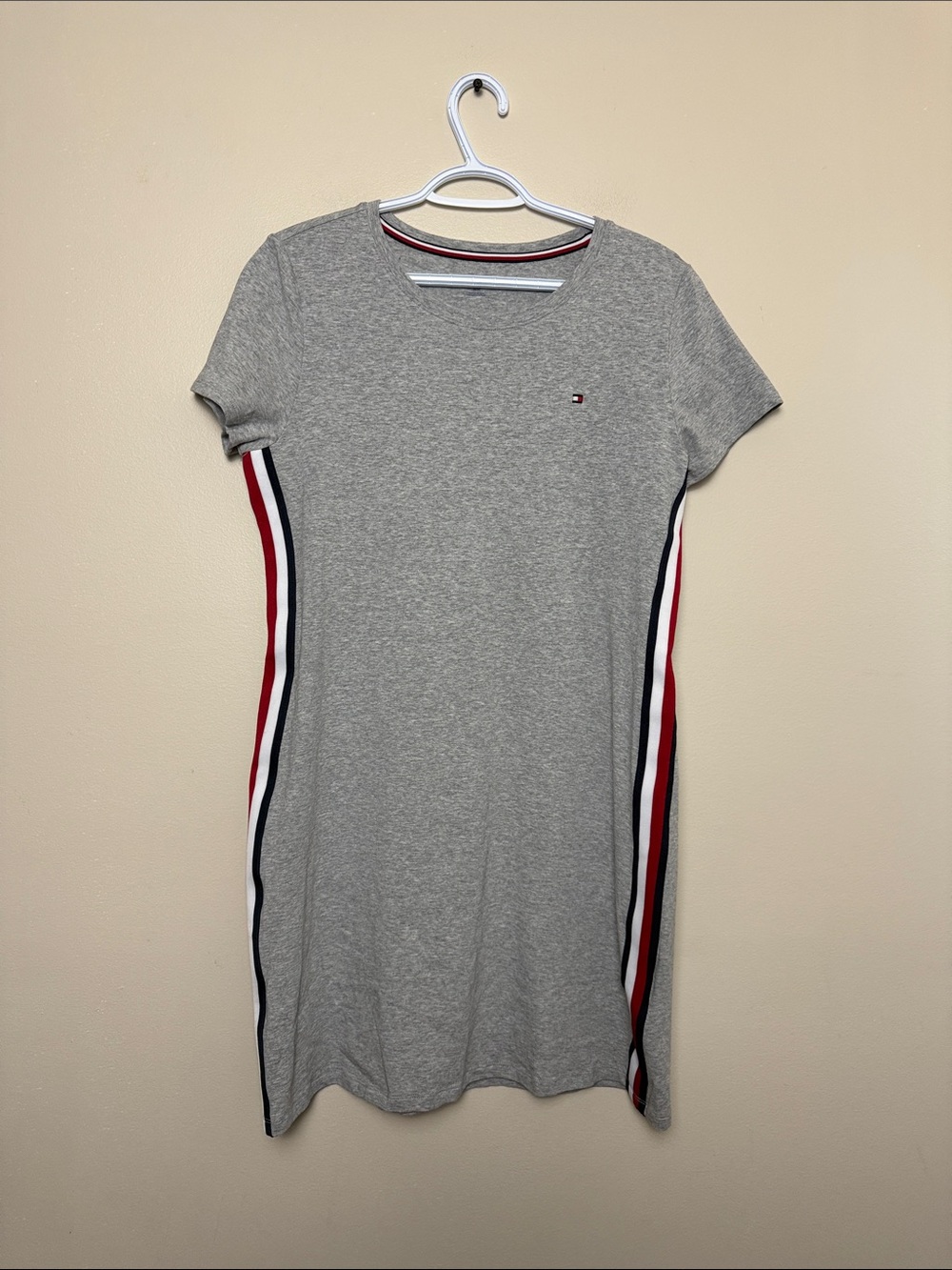 Tommy Hilfiger Gray Tee Dress with Red, White & Navy Side Stripes size M